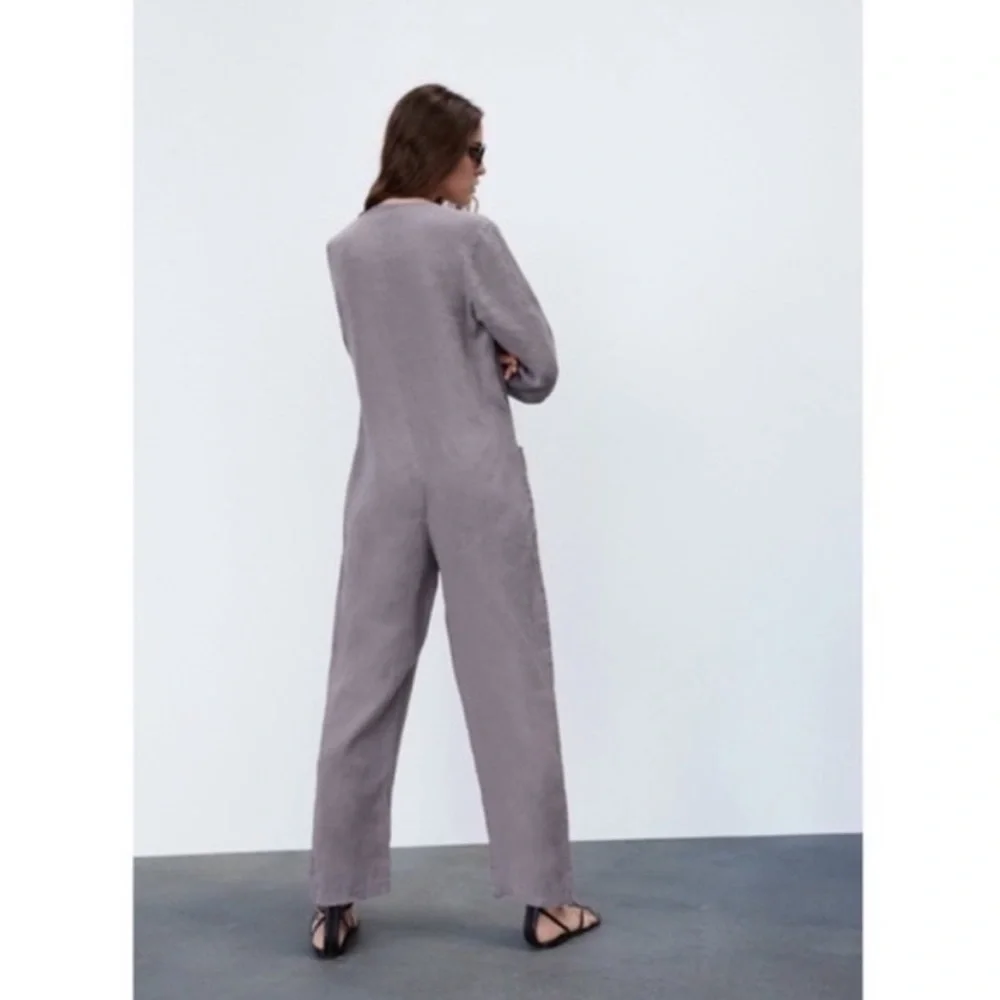 ZARA NEW The Lillian Gray 100% Linen ButtonFront Jumpsuit Small